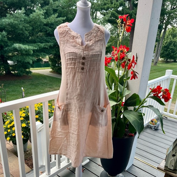 Anabelle Paris Blush Linen Tunic Dress w/ Crochet Detail - Size L - Picture 1 of 6